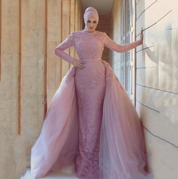 Blush Pink Muslim Dresses Mermaid With Overskirt Tulle Lace Applique High Neck Custom Made Wedding Gown Vestido De Novia