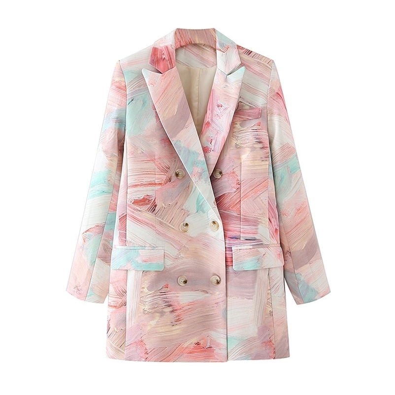 elegant women gouache graffiti blazer fashion double breasted jackets causal female print suits sweet girls chic sets 210527