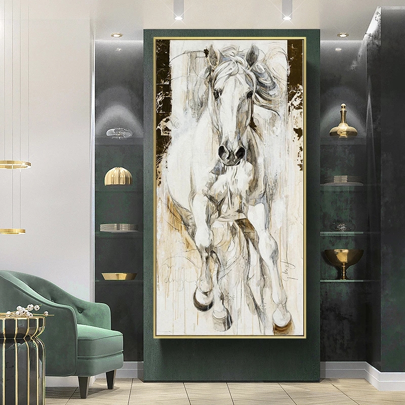 White Horse Oil Painting On Canvas Prints Animal Pictures Wall Art For Living Room Modern Home Decor Golden Cuadros No Frame