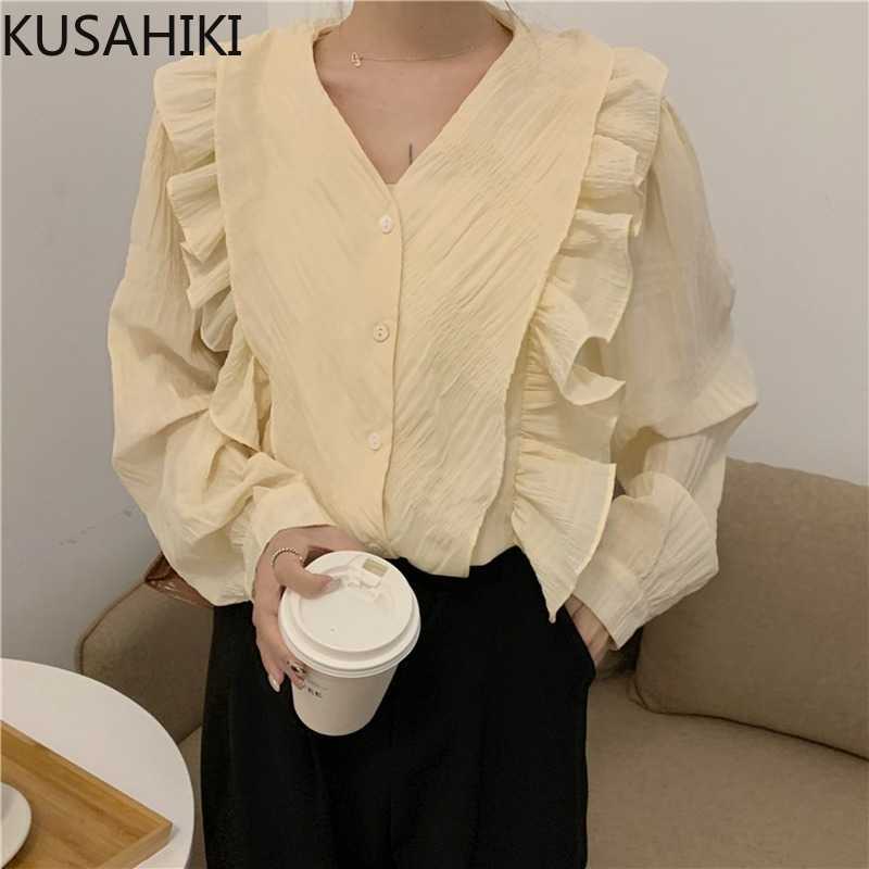 Women Blouses Korean Ruffle Patchwork Casual Shirt Long Sleeve V-neck Spring Blusas Mujer De Moda Verano 6G746 210603, Apricot
Women Blouses Korean Ruffle Patchwork Casual Shirt Long Sleeve V-neck Spring Blusas Mujer De Moda Verano 6G746 210603, Apricot