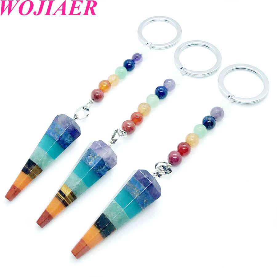 WOJIAER Assorted Natural Stone Keychain Ring Key Chain Pendulum Crystal Car Bag Accessories 7 Chakra Healing Reiki Beads BW912