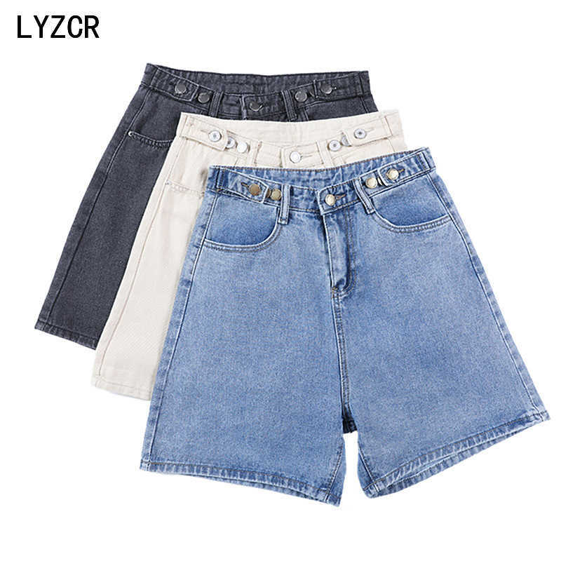 LYZCR Women's Jeans Shorts with High Waist Ladies Summer Wide Leg Denim Short Loose Casual Button 210714