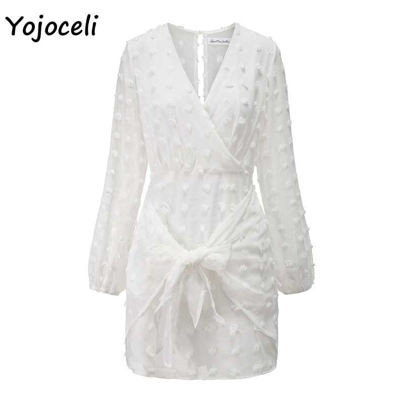 Yojoceli boho white chiffon jacquared dres v neck long sleeve chic female vestidos trendy autumn beach 210609
