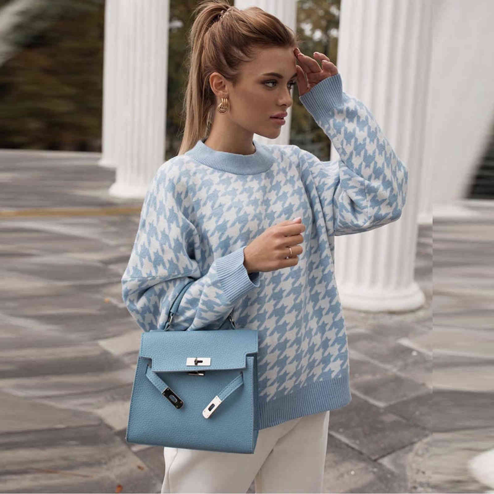 Women Casual Houndstooth Lady Pullover Sweater Female Autumn Winter Retro Jumper Women Geometric Blue Knitted Sweater Femme 211109