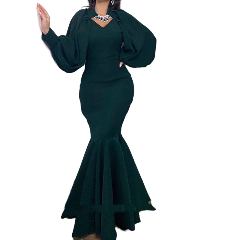 Elegant Dark Green Mermaid Evening Dresses Satin Puffy Long Sleeves V-Neck Formal Prom Gowns Robe De Soirée 2022 Floor Length Special Occasion Dress W