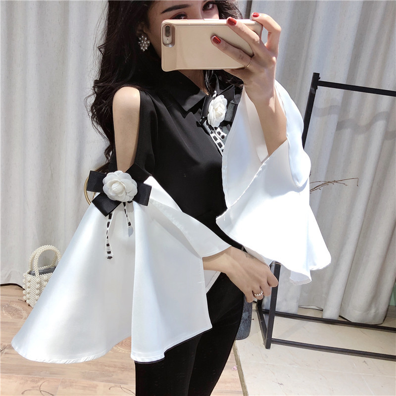 Spring Summer Vintage Lapel Strapless Big Flare sleeve Long sleeve Slim Chiffon Shirt 3D Flower Deco Blouse Women 210308
