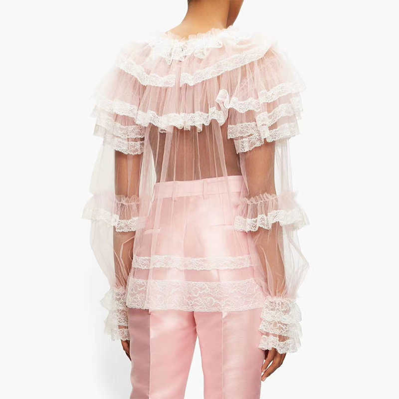 Patchwork Mesh Shirt For Women O Neck Flare Sleeve Lace Hollow Out Perspective Elegant Blouse Female Fashion Style 210531
