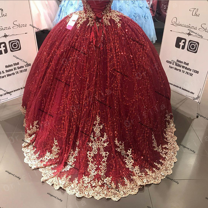 Glittery Ball Gown Quinceanera Dresses Cap Sleeve Gold Floral Applique v-neck lace-up corset back vestidos para quinceaños gown