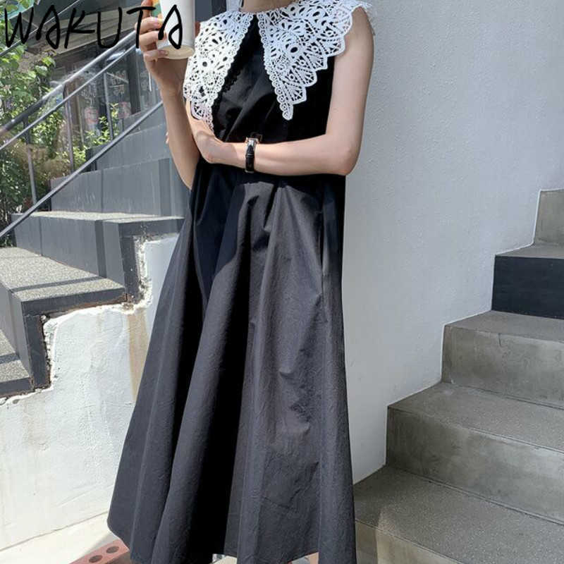 WAKUTA Lace Collar Sleevelesss Long Dress Women Korean Japanese Casual Loose Ladies Sweet Wind Elegant Vest Dresses Summer 210630