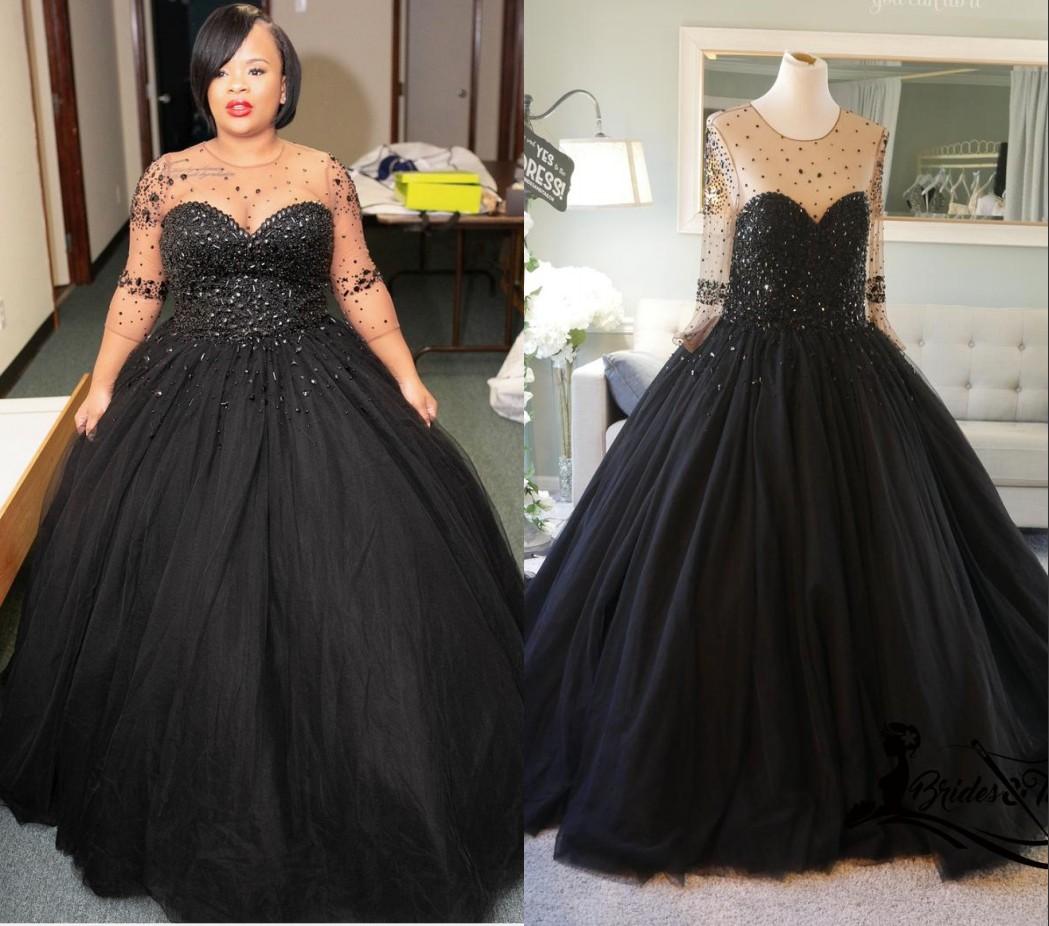 Beaded Black Dresses Gothic Jewel Sheer Neck With Long Sleeves Tulle A Line Floor Length Plus Size Wedding Gown Vestido