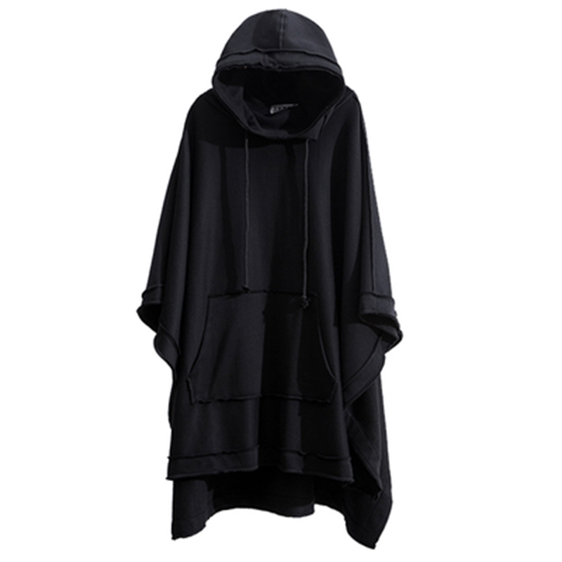 M-4XL Autumn and Winter New Men's Loose Bat Cloak Cape Dark Medium Long Fashion Plus Velvet Thick Hooded Jacket 201020