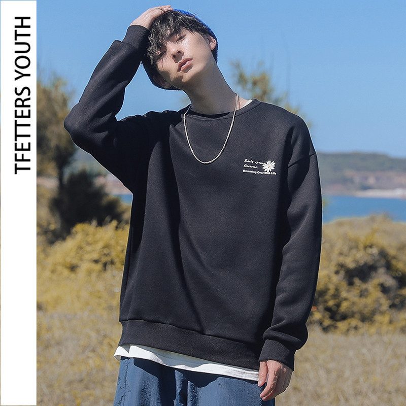 TFETTERS Autumn Winter Korean Fashion Crewneck Sweatshirt Men Long Sleeve Thick Daisy Flower Print Loose Couple Sweatshirt 201020