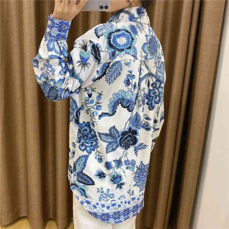 Chinese Style Women Blue And White Printing Shirts Fashion Ladies Turn Down Collar Tops Streetwear Female Chic Blouses 210527