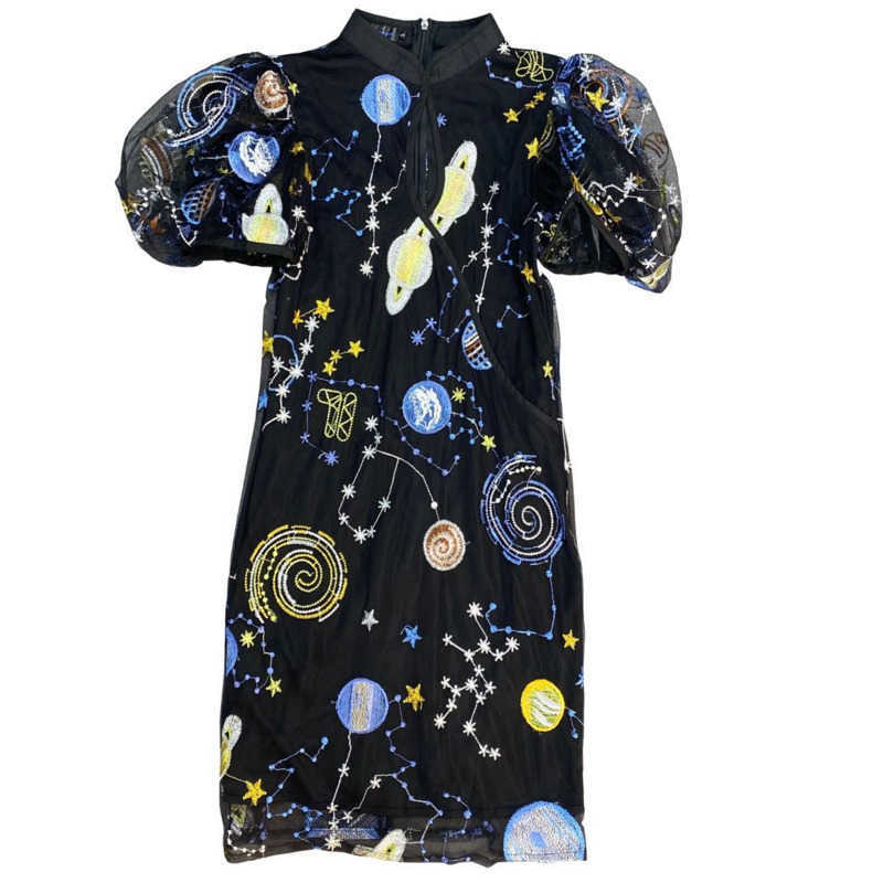 DEAT Women Vintage Dress Stand Neck Short Sleeve Arrivals Lady Temperament Fashion Spring Summer 11D1089 210709