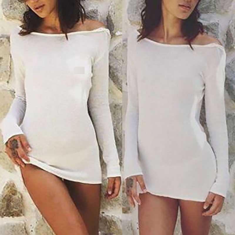 Kayotuas Women Dress Sexy Solid White Beach Summer Bikini Cover-Ups Mesh Backless Mini Long Sleeve Slim Beachdress 210522