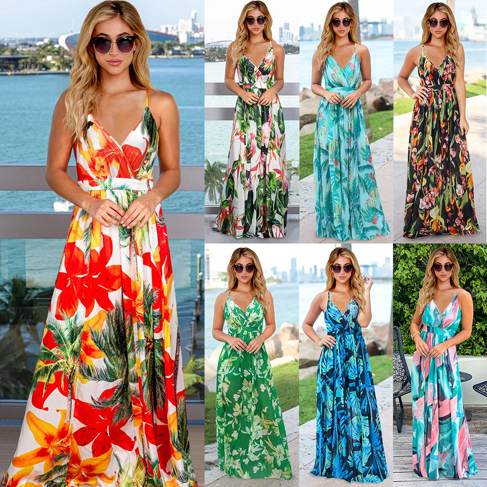 Womens Floral Print beach Boho short skirt designer dress Evening Gown Party Long Maxi Dress Summer Sundress Clothing midi dresses for woman Casual wear V neck crop