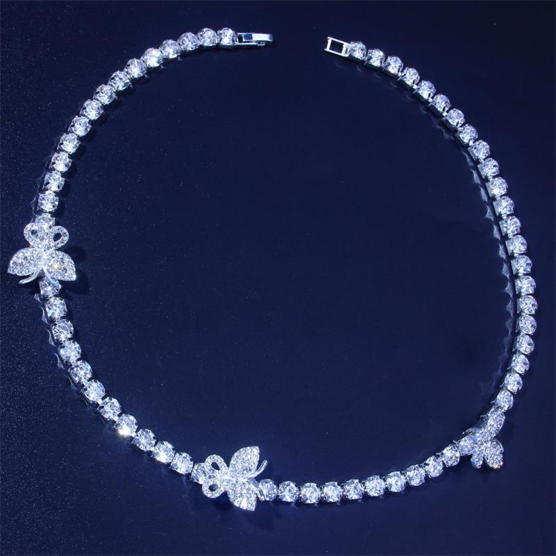 Iced Out Tennis Chains Butterfly Necklaces 6mm Bling Rhinestone Hip Hop Jewelry Silver Gold Pink Fashion Women Animal Collar Necklace Gifts