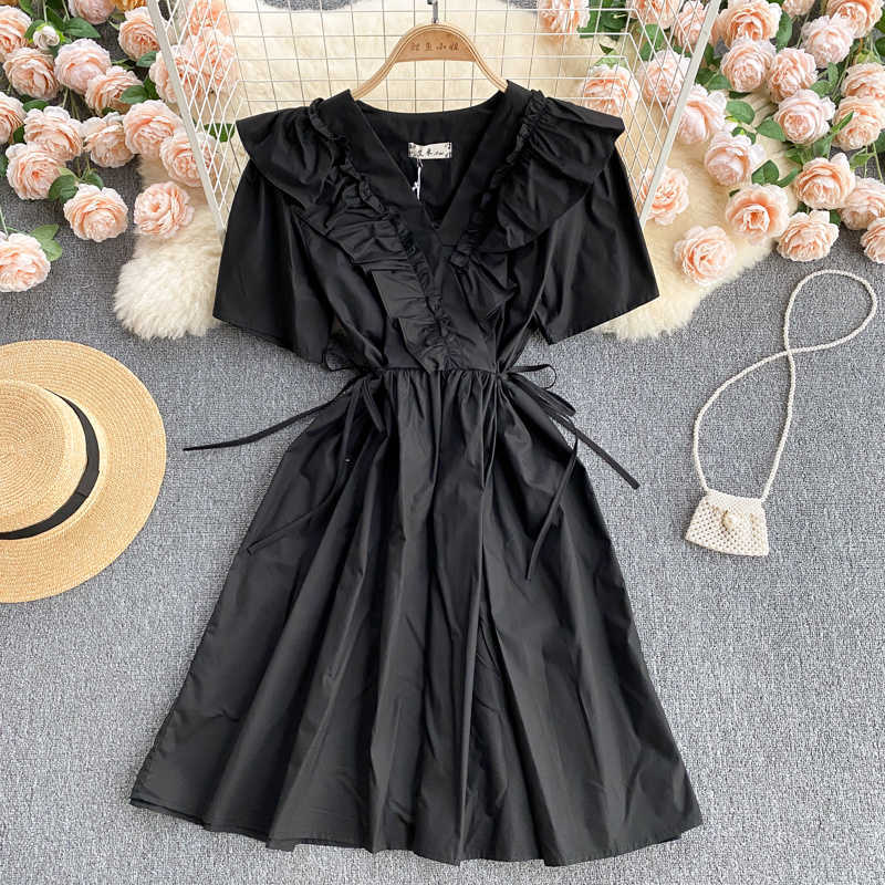 DEAT Women Ruffles 11D1300 Dress V- Neck Short Sleeve Arrivals Lady Temperament Fashion Spring Summer 11D1300 210709