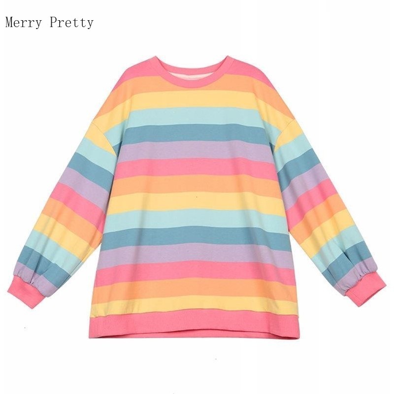 Pink Rainbow Striped Oversize 2xl T Shirts For Women Summer Long Sleeve O-neck T Shirt Korean Style Ladies Tops Tees 210302