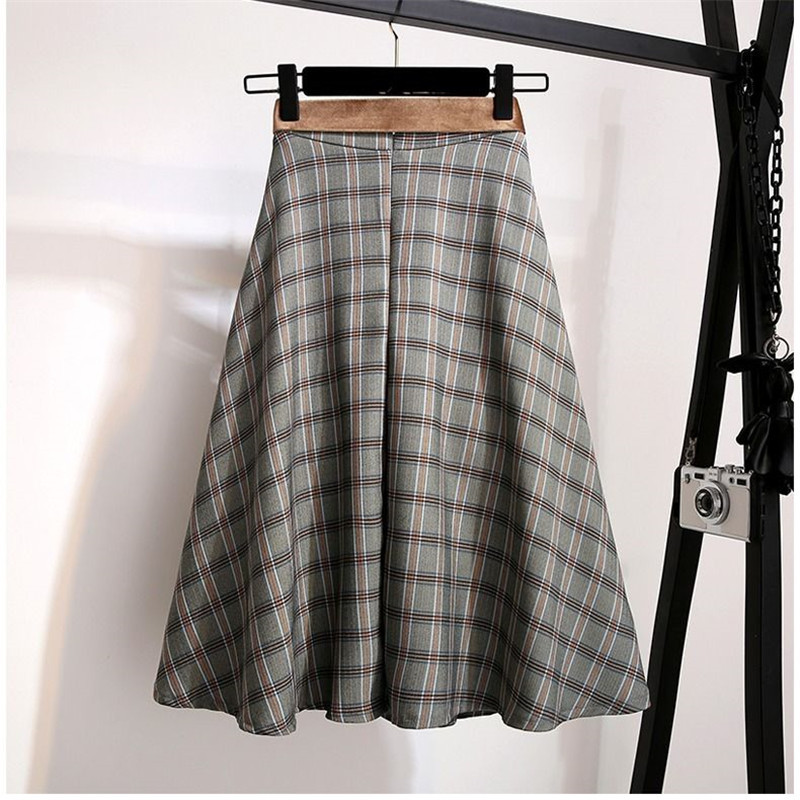 Plaid Vintage Warm Thick Winter High Waist Women Skirts Female Autumn Plus Size Aline Long Girls Skirt Brown Elegant Skirt 210306