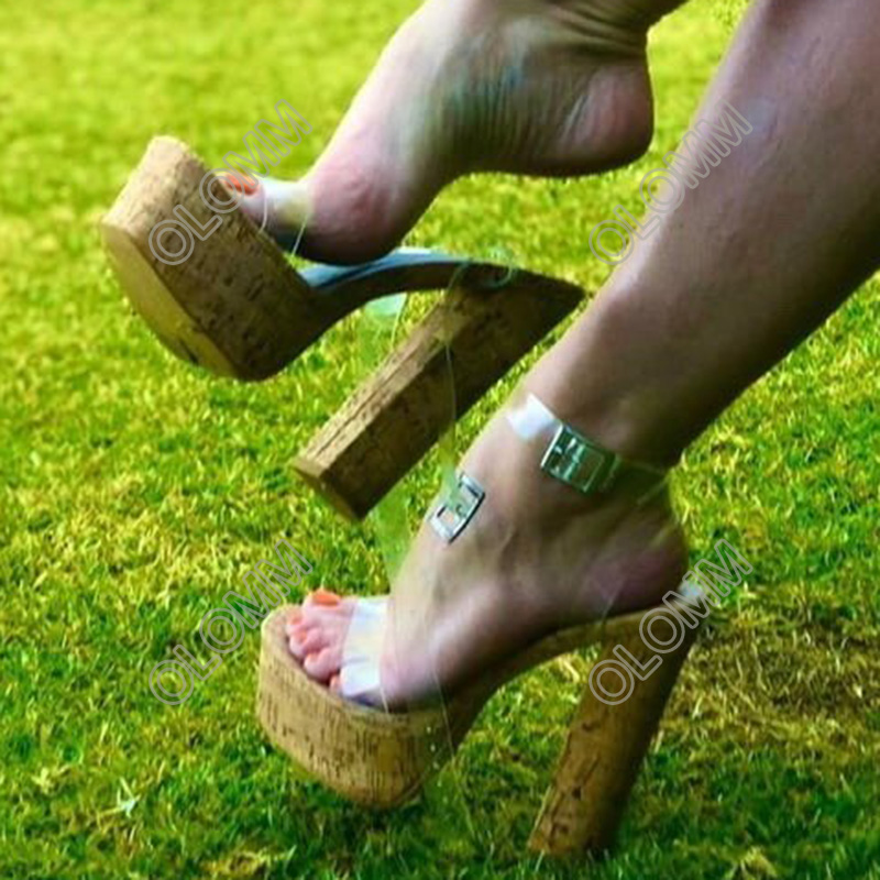 Rontic New Handmade Women Platform Sandals Ankle Strap Block Heels Open Toe Gorgeous Transparent Party Shoes US Plus Size 5-20