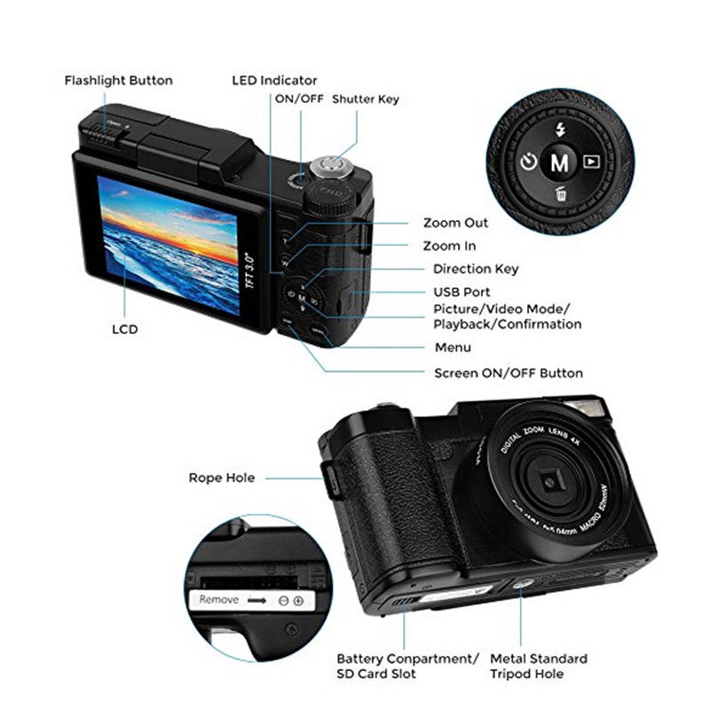 24MP HD Half-DSLR Professional Digital Camera w/4x Telephoto Fisheye Wide Angle Lens Camera Macro HD Video Camera
