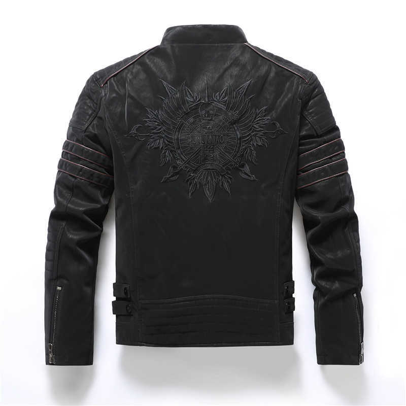 Mens Motorcycle Leather Jacket Slim PU Leather Coat Male Windproof Stand Collar Men's Jacket Men's Autumn Clothing Embroidery 211018