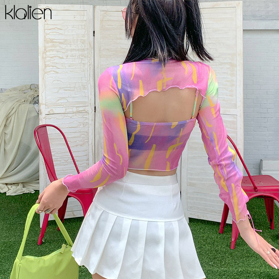KLALIEN sexy fashion hollow out female two piece set t shirt spring summer casual high street colorful slim wild t shirt women 210302