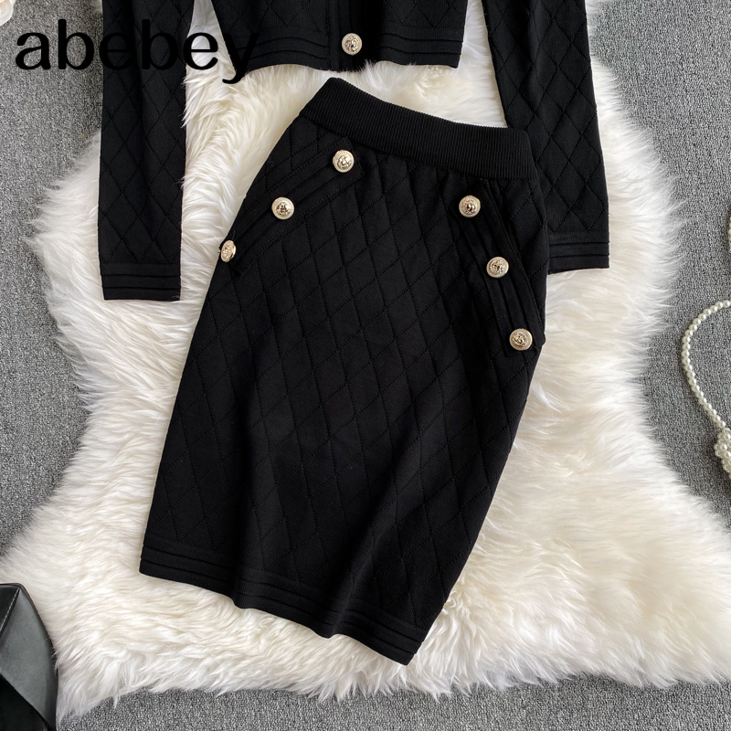 Black long sleeve buttons sweater top and skirt suits women knitted two piece set autumn fashion ladies club outfits