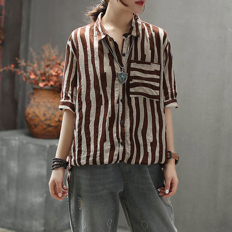F&je New Arrival Women Shirts Plus Size Summer Vintage Striped Linen Blouse Turn-down Collar Female Loose Casual Ladies Tops D2 210225