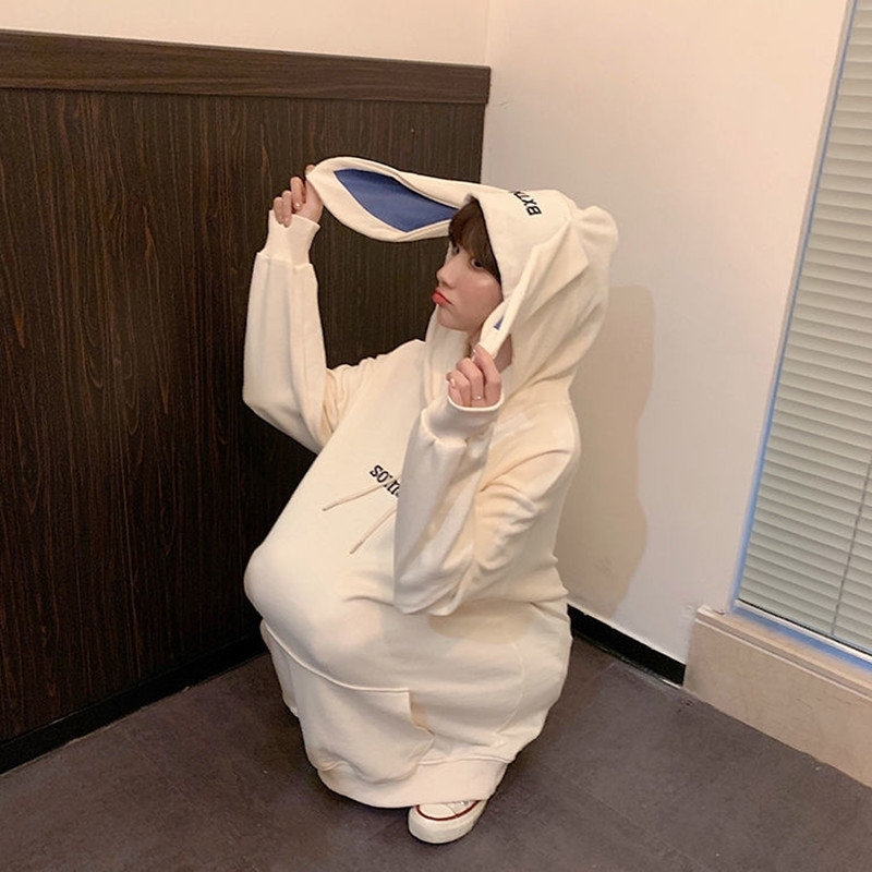 Women's Hoodie Sweet Women To Sweatshirts Full Sleeves White Fashion Bunny Ear Hoody Coat Fashion Black Loose Streetwear 201028