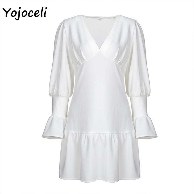 Yojoceli v neck flare sleeve ruffle dres white chiffon party club day female vestidos 210609