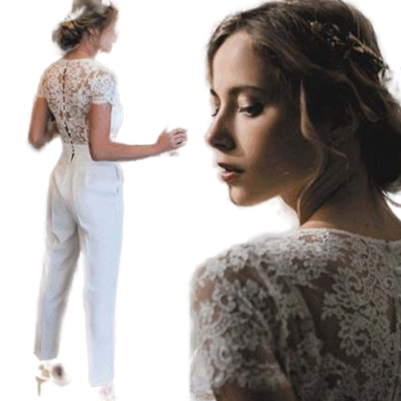 Casual Elopement Jumpsuits Wedding Dress For Women White Lace Appliqued V Neck Pant Suits With Pockets Short Sleeve Bride Formal Reception Gowns 2022