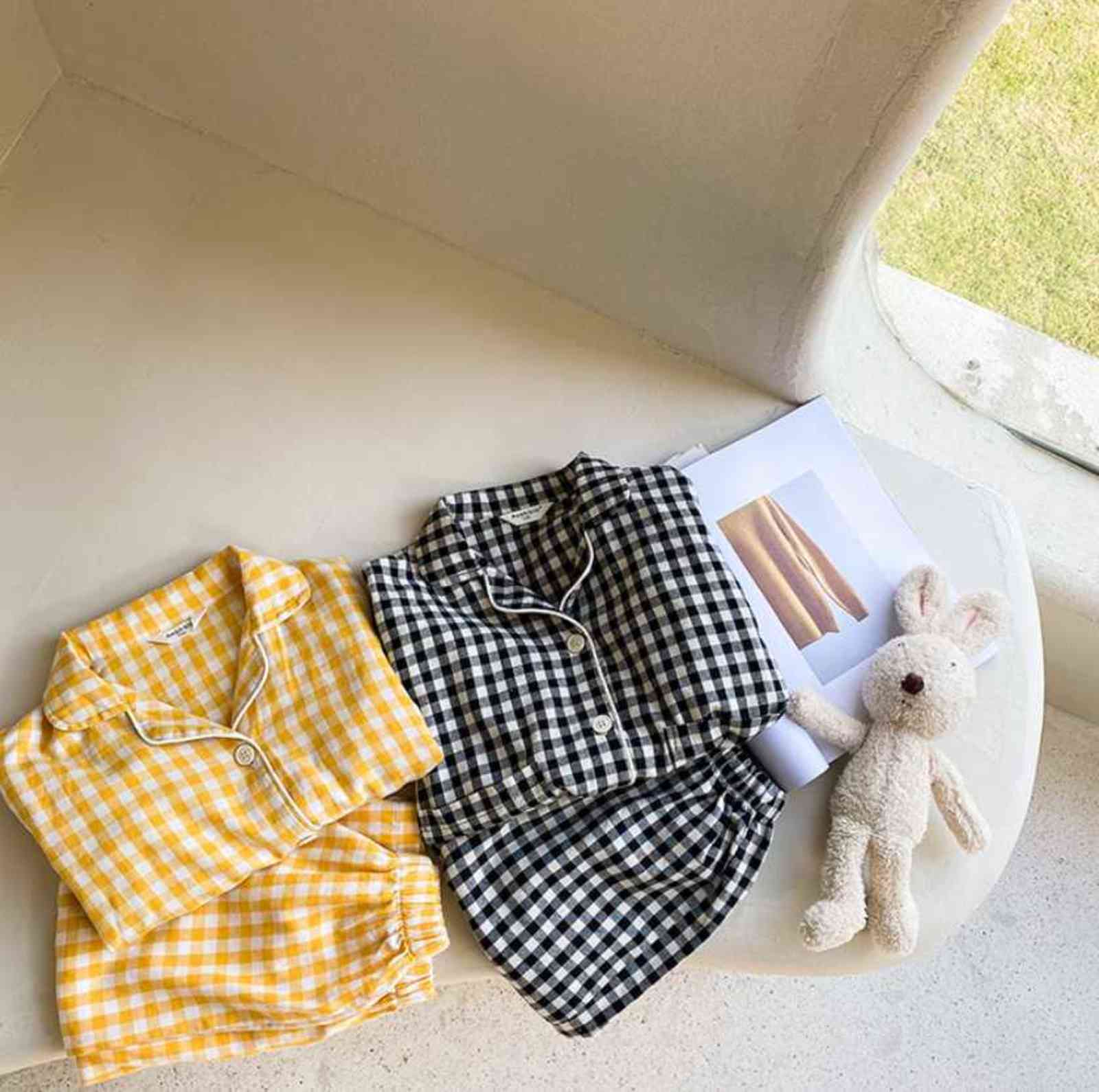 Children cotton soft Pajama Sets boys and girls plaid leisure wear 2pcs sets unisex loose dressing gown 211130