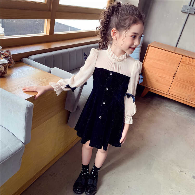 Navy Blue Party Dress For Girls Autumn Bowknot Long Sleeve Kids Clothing Classic Kids Dresses for Girls 4 5 7 9 11 13 Years Old 201204