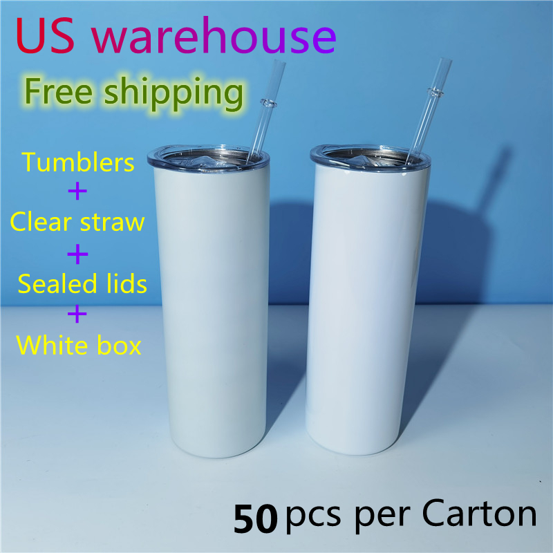 US warehouse 20oz Skinny straight Sublimation Tumblers 50pc/box Clear Straws Rubber bottoms Stainless Steel blank white Double wall Vacuum Insulated Travel cup, 20oz normal (50pcs per carton)