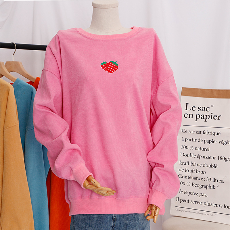 Autumn Printed Long Sleeve Sweatshirt Women Ribbed O-Neck Candy Colors Female Basic Sweatshirts Vintage Loose Lady Pullover LJ201103