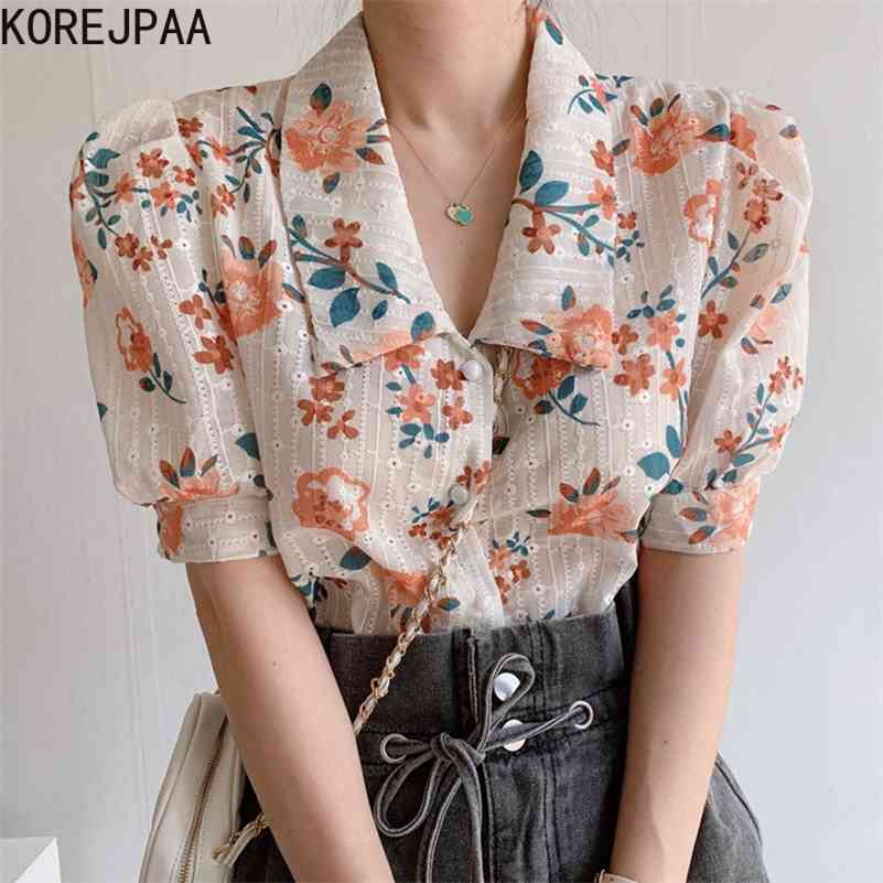 Korejpaa Women Shirt Summer Korean Chic Western Style Lapel Single-Breasted Embroidered Cutout Floral Short-Sleeved Blouses 210526