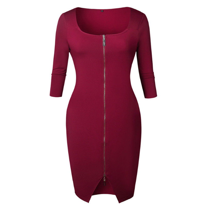 GAOKE Sexy Pencil Tight Dress Women Bodycon Sheath Dress Black Long Sleeve Party Dresses Women Front Full Zipper Dress Hot 210309