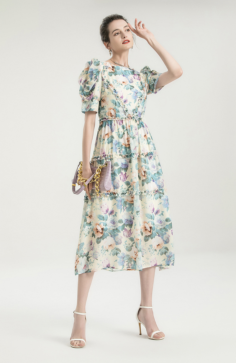 Women's Runway Dresses O Neck Short Sleeves Floral Printed Ruffles Elegant Fashion Mid Dress