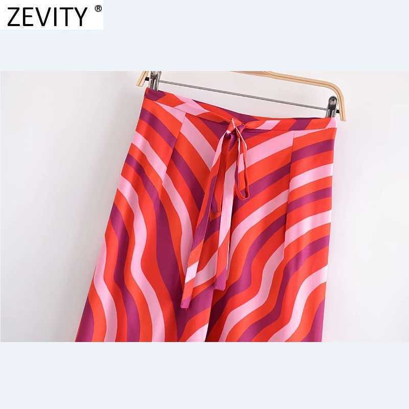 Zevity Women Vintage Striped Floral Print Casual A Line Midi Skirt Faldas Mujer Female Chic Back Zipper Split Vestido QUN777 210603