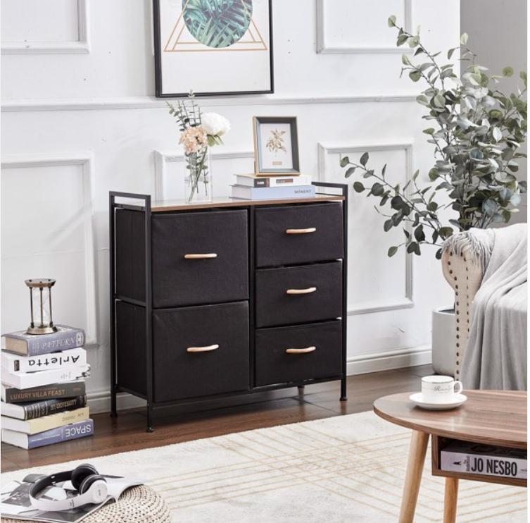 2022 Living Room Furniture 5 Drawer Dresser Storage Organizer Fabric Unit Easy Pull Bins with Steel Frame Wood Top Closets for Entryway Hallway Bedroo