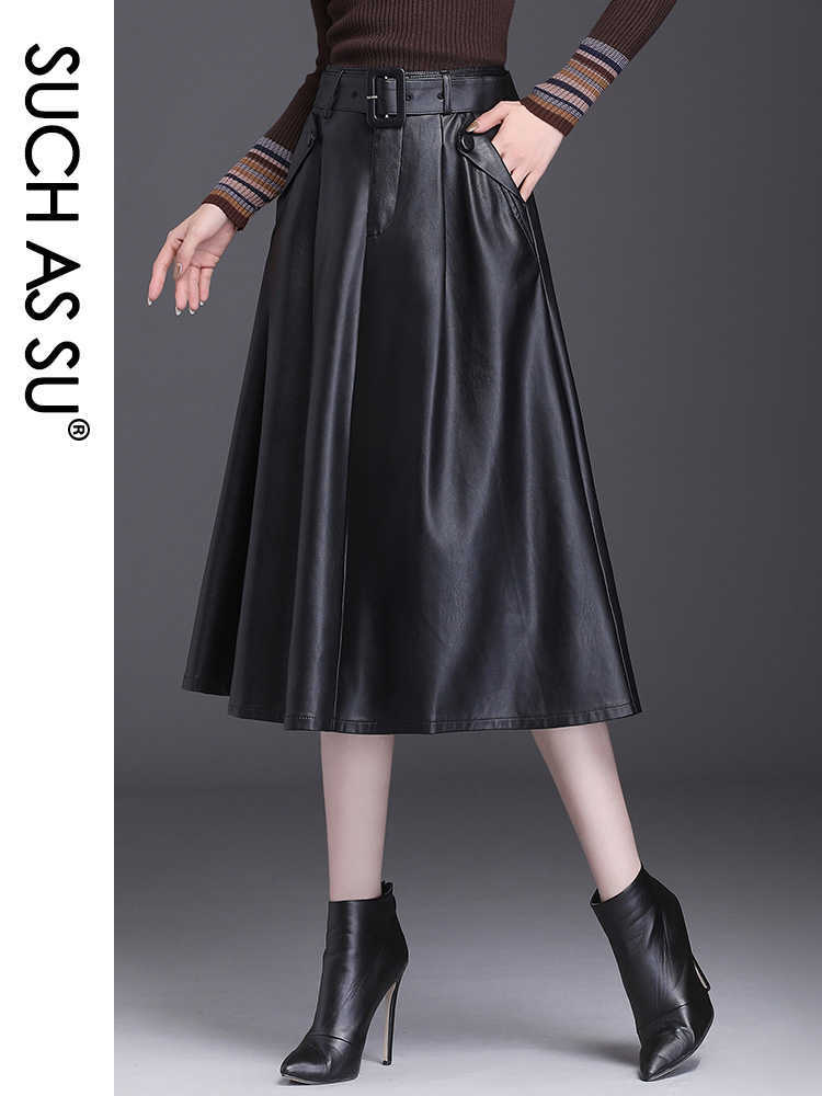SUCH AS SU 4 Colors Available Autumn Winter Arrival Ladies Skirts Pockets Pleated High Waist Leather Plus Size Women 210621