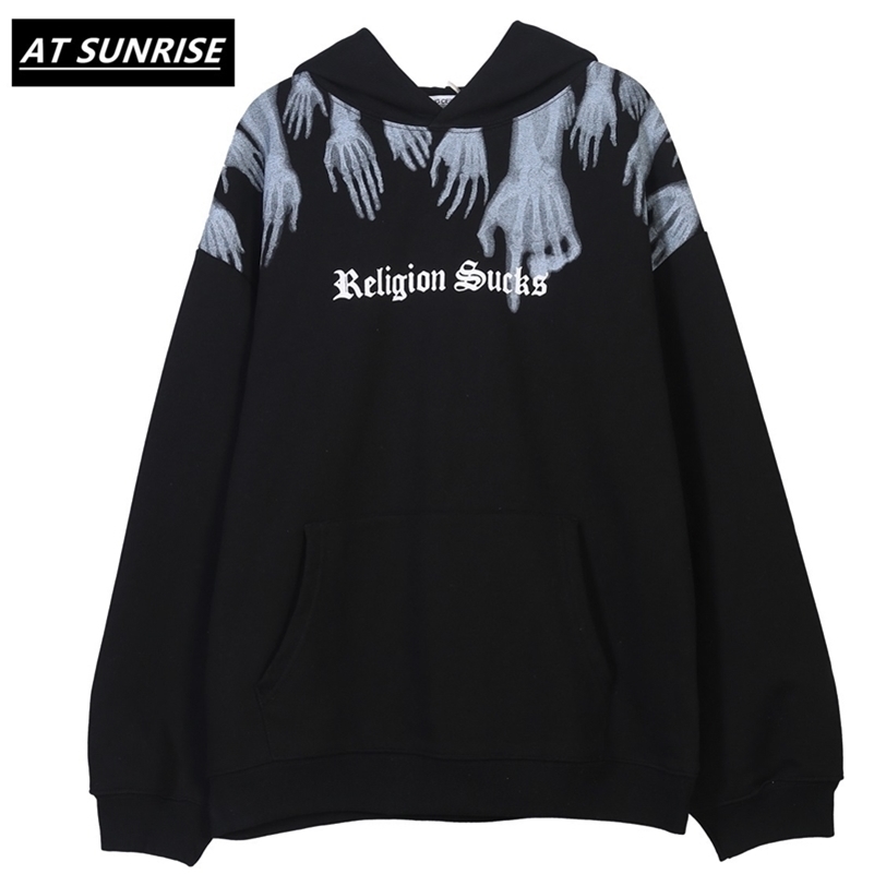 Hands Religion Sucks Print Fleece Hooded Sweatshirts Hoodies Hipster Hoodie Punk Rock Pullover Tops Casual black Hoodie 201020