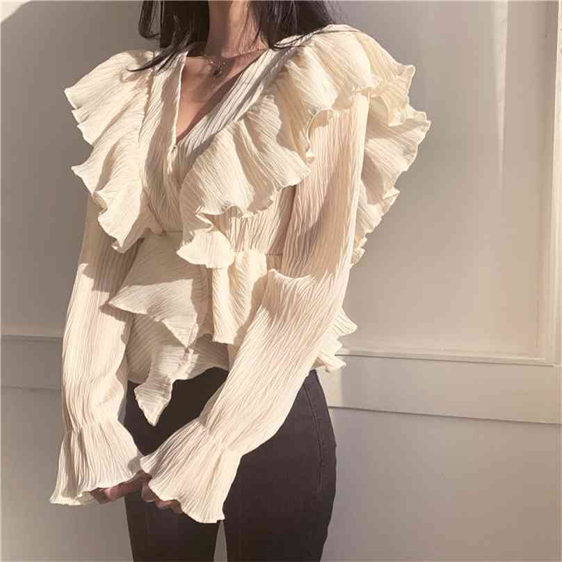 Korean Chic Gentle Slim Women V-Neck Pleated Shirts Ruffles Patchwork High Waist Fashion Flare Sleeves Blouses 210525, Apricot
Korean Chic Gentle Slim Women V-Neck Pleated Shirts Ruffles Patchwork High Waist Fashion Flare Sleeves Blouses 210525, Apricot