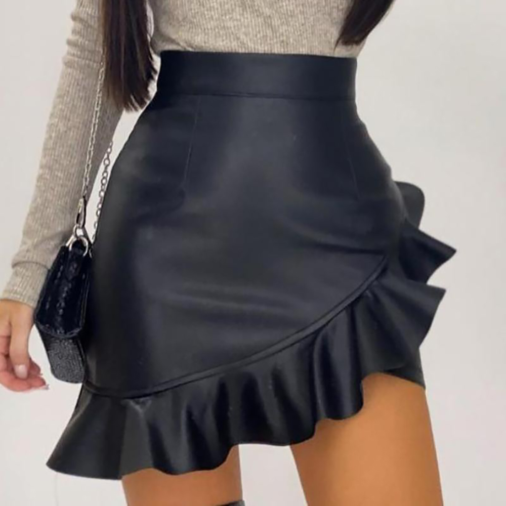 Sexy Leather Pu Skirt For Ladies Black Ruffle Asymmetric Women Mini Skirt High Waist Flare Fashion Office Female Skirt D25 210303