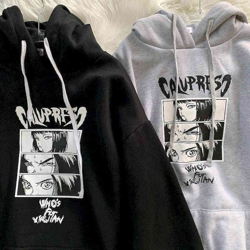 Men's Sad Girl Harajuku Aesthetic Anime Unisex Casual Hoodies Japanese Streetwear Tops Hip hop The Dark Cartoon Print Sweatshirt 201204