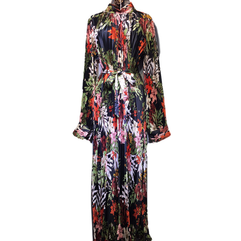 LANMREM women long dresses famale vintage stand collar loose slimming belt pleated long sleeve printed 135CM length 210303