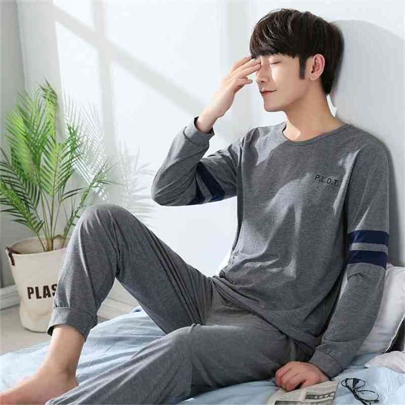 Men's Pajama Sets Autumn Winter Warm Men Sleepwear Set Long Sleeve Cotton Pajamas for Men Elastic Waist Pant Leisure Outwear 210812