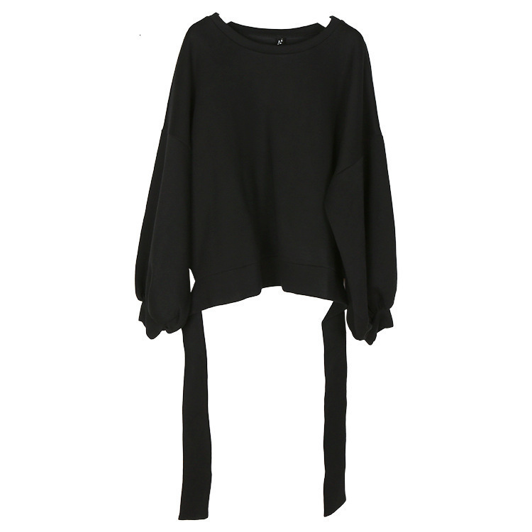 [DEAT] New Autumn Winter Round Neck Long Sleeve Solid Color Black Back Bandage Bow Loose Sweatshirt Women Fashion LJ201130